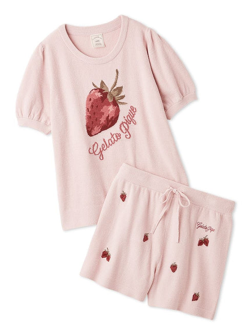 GELATO PIQUE | Strawberry Jacquard Short-Sleeve Pullover & Shorts Loungewear Set Pink